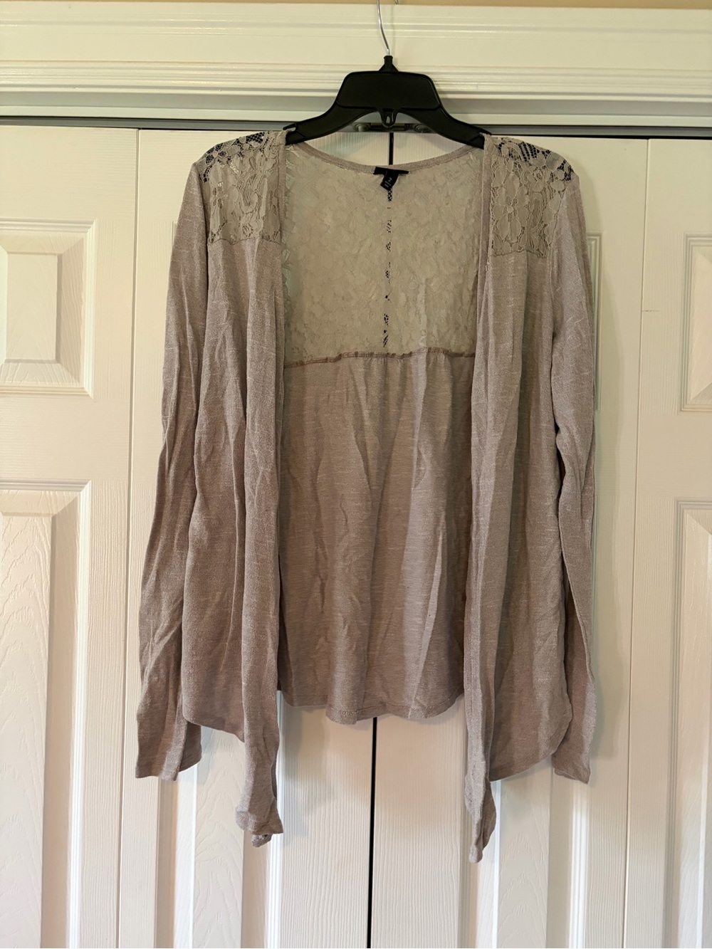 torrid Lace-Back Open Cardigan in Light Taupe